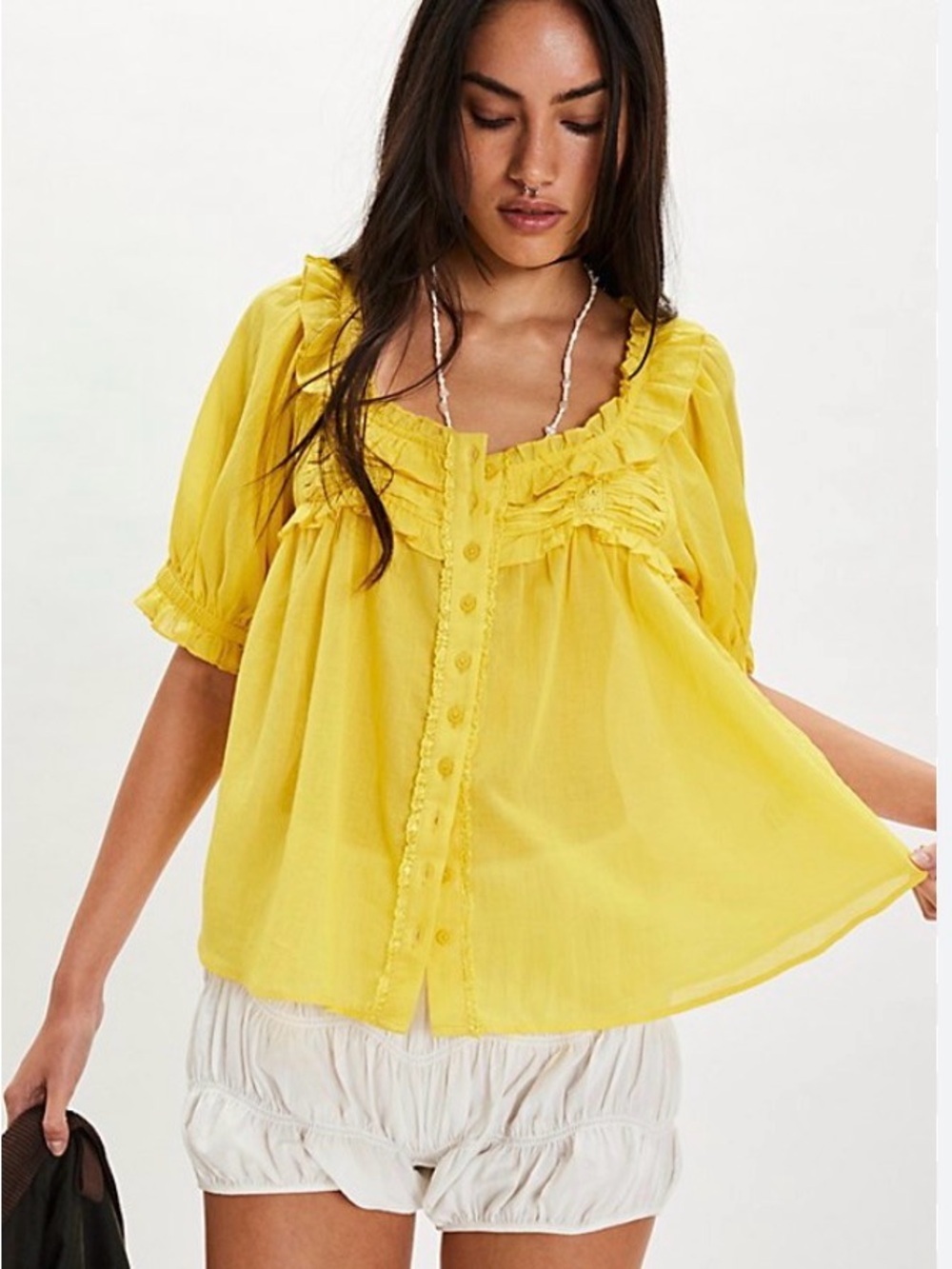 Free People Sunny Yellow Ruffle Button Blouse Sweet Nothing Blouse NWOT